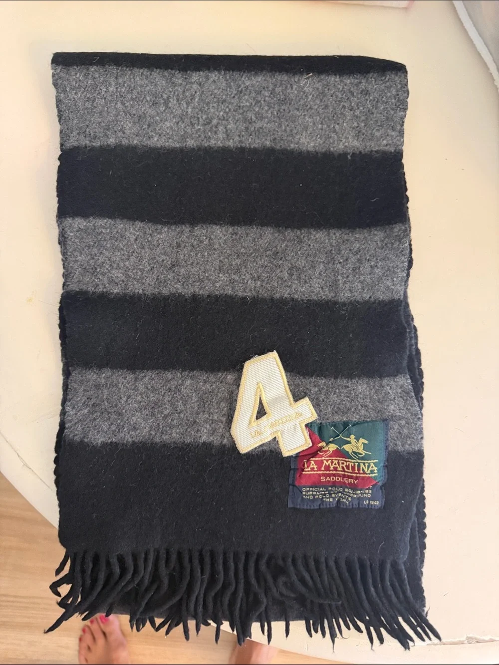 NWOT La Martina | Black & Gray Striped Wool Scarf with Number Patch